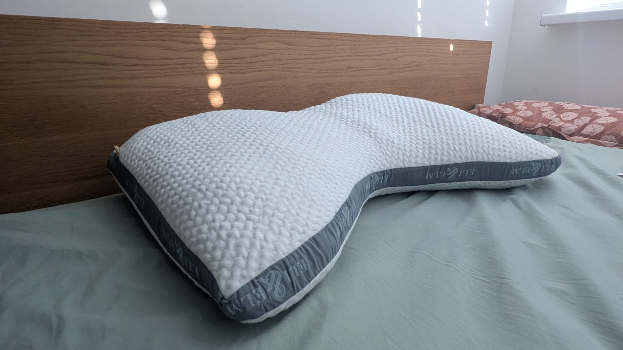 Eli and Elm Side Sleeper Pillow placed on the bed with a green bed sheet