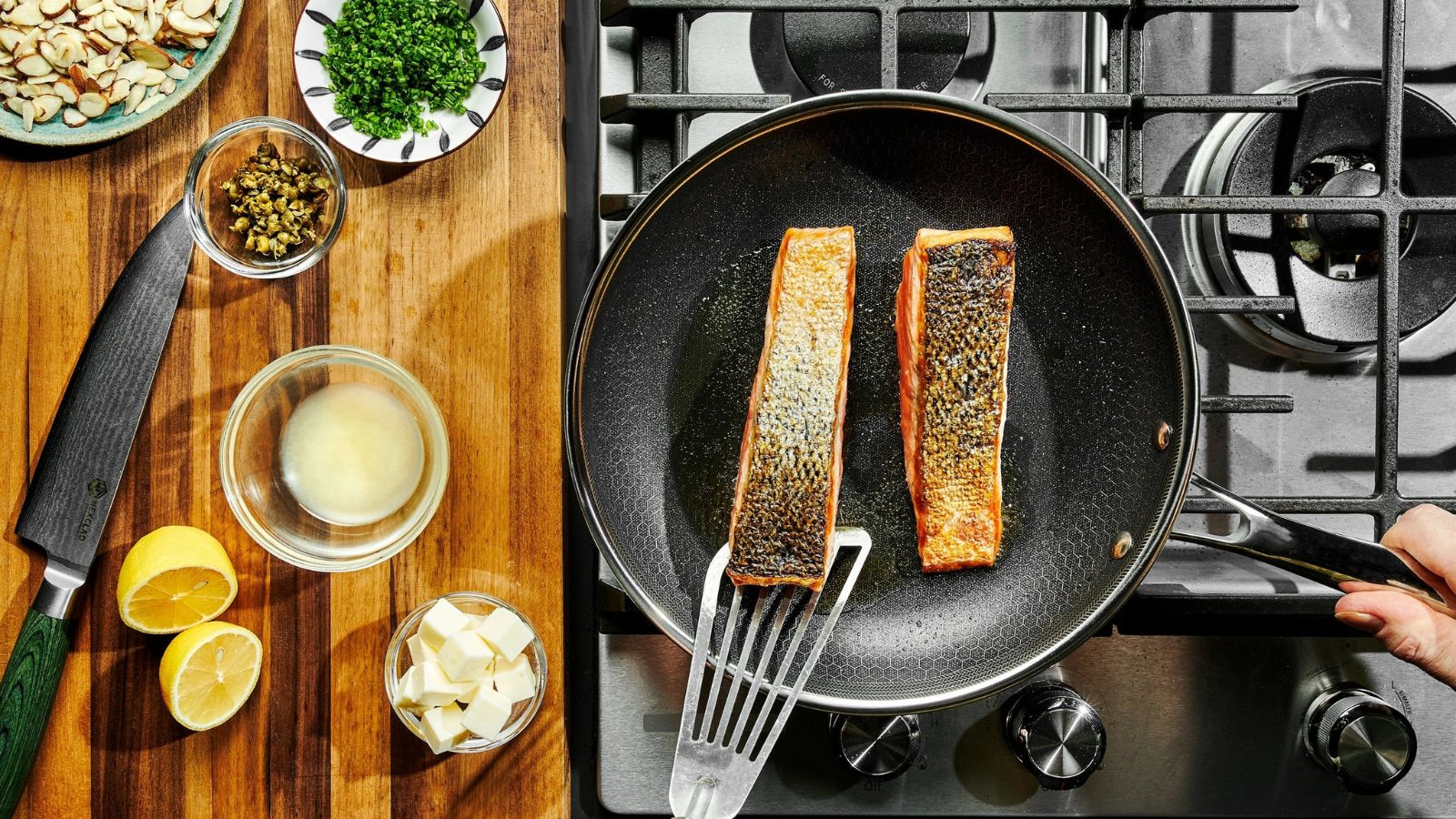 The Best HexClad Pan: Fried salmon fillets in the HexClad Hybrid Pan