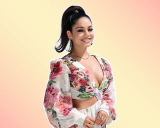 vanessa hudgens in a floral outfit and ponytail on a pastel colored background
