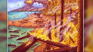 Dinosaurs attempt to flee a wildfire on Antarctica during the late Cretaceous.