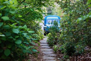 stone pathway surrounded by fresh green shrubs and a blue car at the end of the path