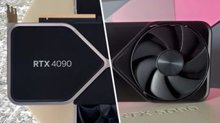 Images of an RTX 4090 and RTX 5090 graphics card split in the middle with a diagonal line