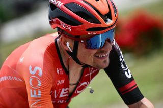 INEOS Grenadiers team&#039;s British rider Tom Pidcock cycles during the 11th stage of the 111th edition of the Tour de France cycling race, 211 km between Ã‰vaux-les-Bains and Le Lioran, on July 10, 2024. (Photo by Marco BERTORELLO / AFP)