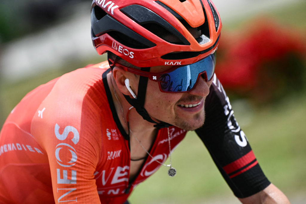 INEOS Grenadiers team's British rider Tom Pidcock cycles during the 11th stage of the 111th edition of the Tour de France cycling race, 211 km between Ãvaux-les-Bains and Le Lioran, on July 10, 2024. (Photo by Marco BERTORELLO / AFP)