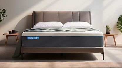 The Simba Hybrid Pro mattress on a bed in an empty room