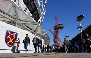 General view outside the stadium as the fans arrive prior to the Premier League match between West Ham United and Tottenham Hotspur at London Stadium on October 20, 2018 in London, United Kingdom.