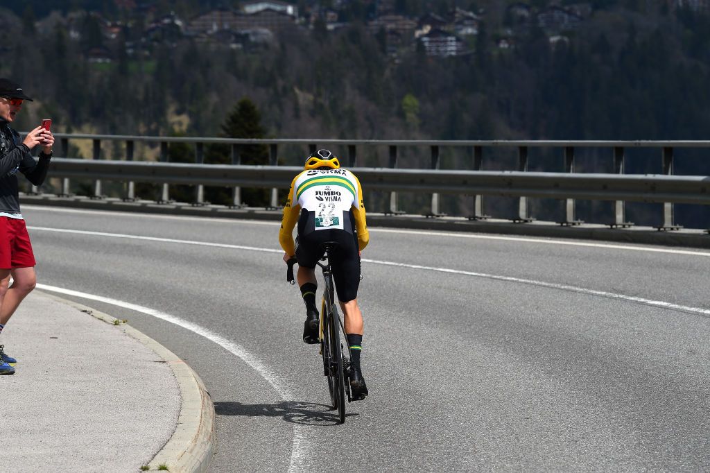 VILLARSSUROLLON SWITZERLAND MAY 01 Rohan Dennis of Australia and Team Jumbo Visma Turquoise Leader Jersey sprints during the 75th Tour De Romandie 2022 Stage 5 a 1584km Individual Time Trial stage from Aigle to VillarssurOllon 1256m ITT TDR2022 on May 01 2022 in VillarssurOllon Switzerland Photo by Dario BelingheriGetty Images
