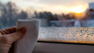 a hand wiping condensation off glass with paper towel