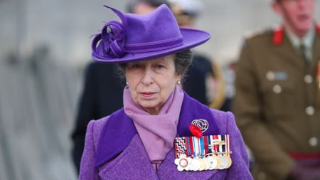 Princess Anne, Princess Royal walks past the Australian War Memorial during a dawn service to commemorate Anzac Day at Wellington Arch on April 25, 2021 in London, United Kingdom