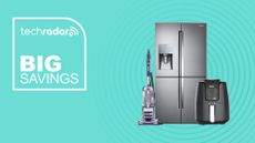 Assorted appliances on light blue background with big savings text overlay
