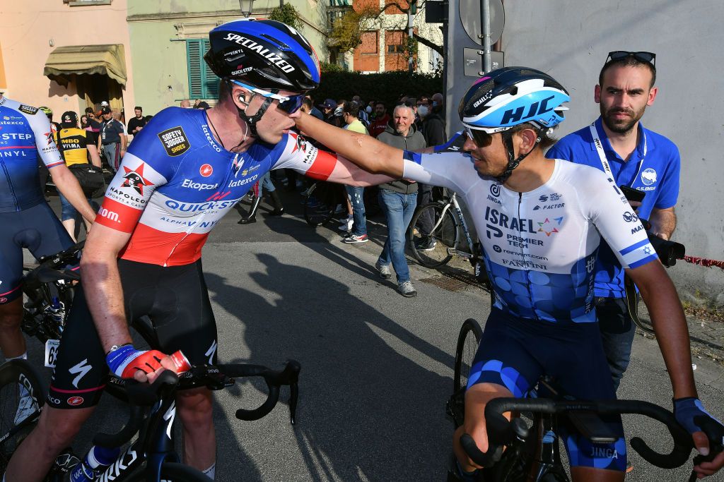 CANTAGRILLO ITALY MARCH 26 LR Rmi Cavagna of France and Team QuickStep Alpha Vinyl on second place and Omer Goldstein of Israel and Team Israel Premier Tech on third place after the 36th Settimana Internazionale Coppi e Bartali 2022 Stage 5 a 160km stage from Casalguidi to Cantagrillo CoppieBartali on March 26 2022 in Cantagrillo Italy Photo by Dario BelingheriGetty Images
