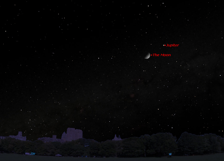 Jupiter will shine near the moon the night of Sunday, April 6, 2014. This sky map shows the location of Jupiter and the moon in the southwestern sky at 11 p.m. local time, as viewed from mid-northern latitudes.