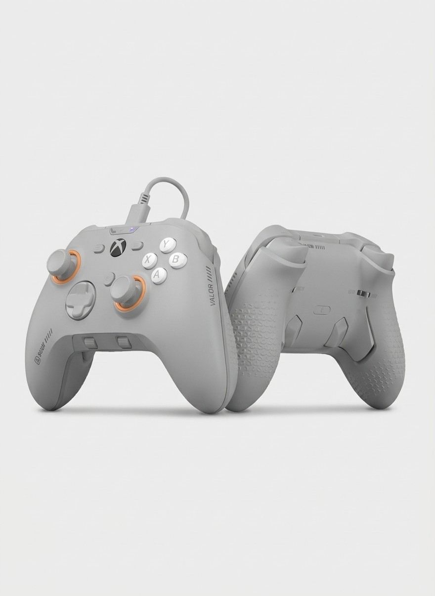 A Scuf Valor Pro wired PC gaming controller in grey, on a grey background