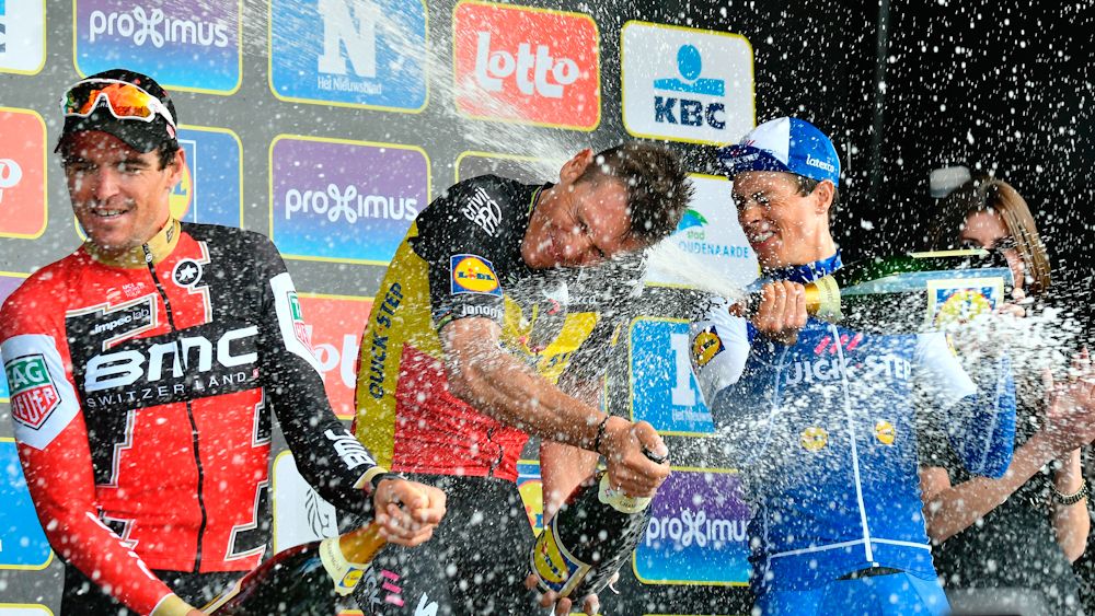 Van Avermaet, Gilbert and Terpstra on the Flanders podium