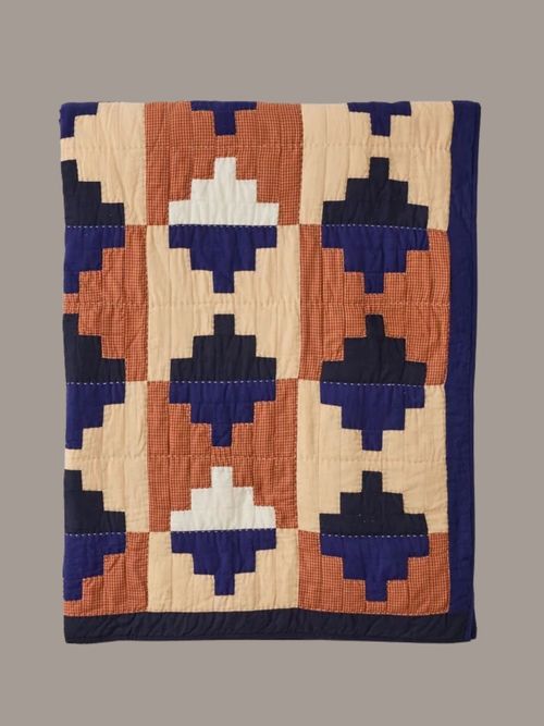Folk Cotton Patchwork Quilt in Cornflower Blue/Terracotta