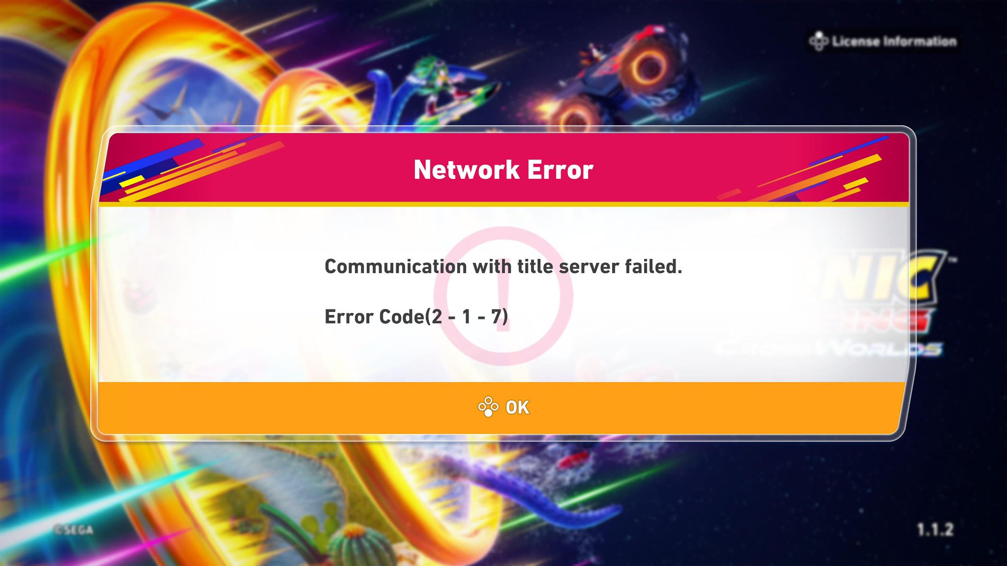 A screenshot of the Sonic Racing: CrossWorlds log in error