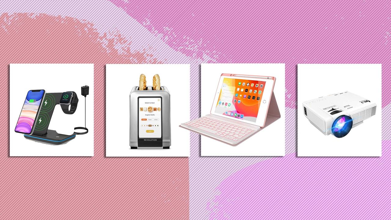 A selection of items inspired from tiktok trends from left to right a projector, smart toaster, laptop stand and charging station