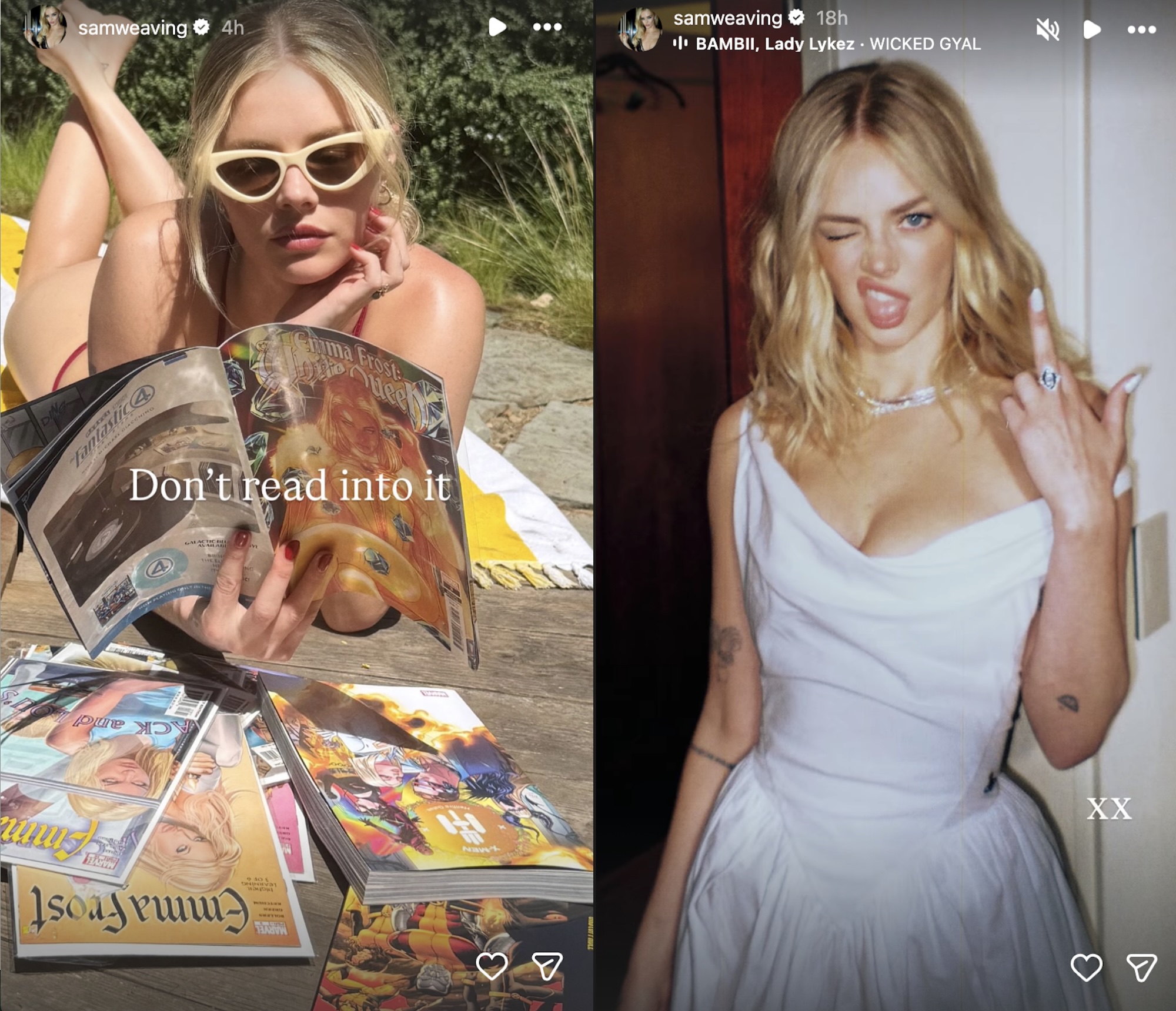 Side by side: Samara Weaving wearing sunglasses and bikini lying on her stomach outdoors, reading Emma Frost comics; Samara Weaving in white dress flipping middle finger at the camera while winking.