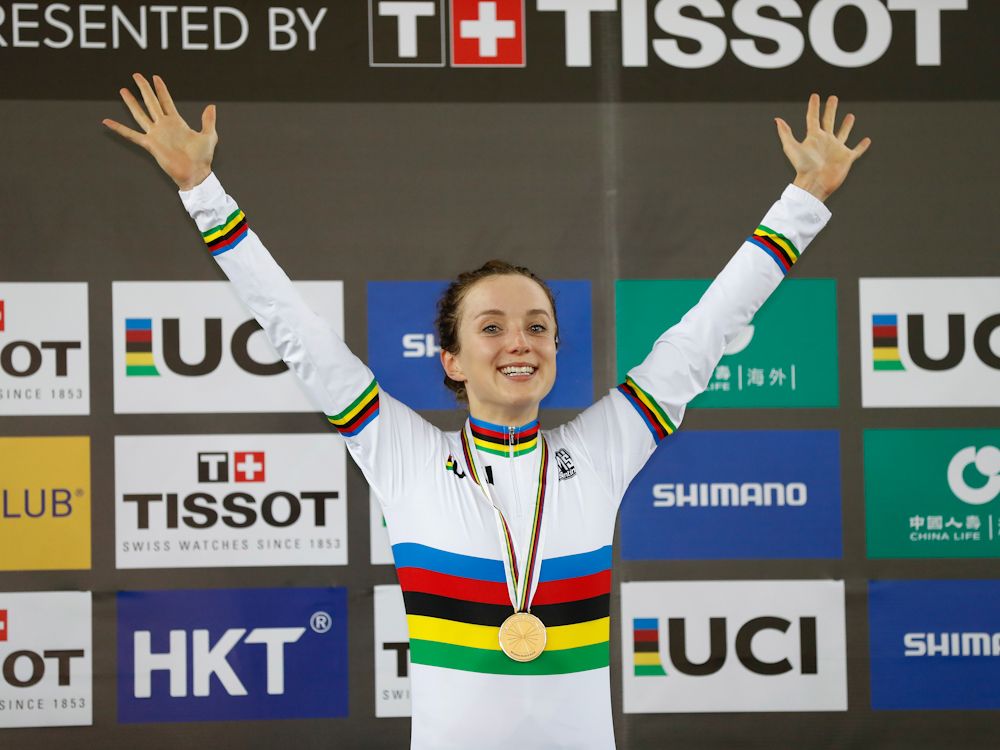 Elinor Barker of Great Britain poses with her gold medal after winning Women's Point Race Final on Day 5 in 2017 UCI Track Cycling World Championships
