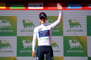 ALTO DEL PIORNAL SPAIN SEPTEMBER 08 Remco Evenepoel of Belgium and Team QuickStep Alpha Vinyl celebrates winning the White Best Young Jersey on the podium ceremony after the 77th Tour of Spain 2022 Stage 18 a 192km stage from Trujillo to Alto del Piornal 1163m LaVuelta22 WorldTour on September 08 2022 in Alto del Piornal Caceres Spain Photo by Justin SetterfieldGetty Images