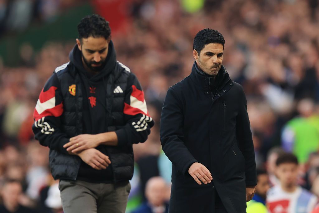 Mikel Arteta, Manager of Arsenal, reacts at half time during the Premier League match between Manchester United FC and Arsenal FC at Old Trafford on March 09, 2025 in Manchester, England.