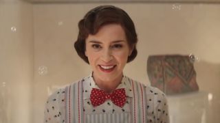 Emily Blunt as Mary Poppins surrounded by bath bubbles in Mary Poppins Returns