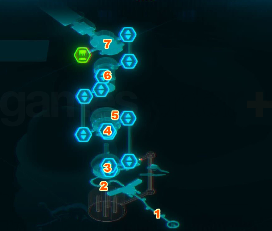 A map of the Metroid Prime 4 Volt Forge Tower 1