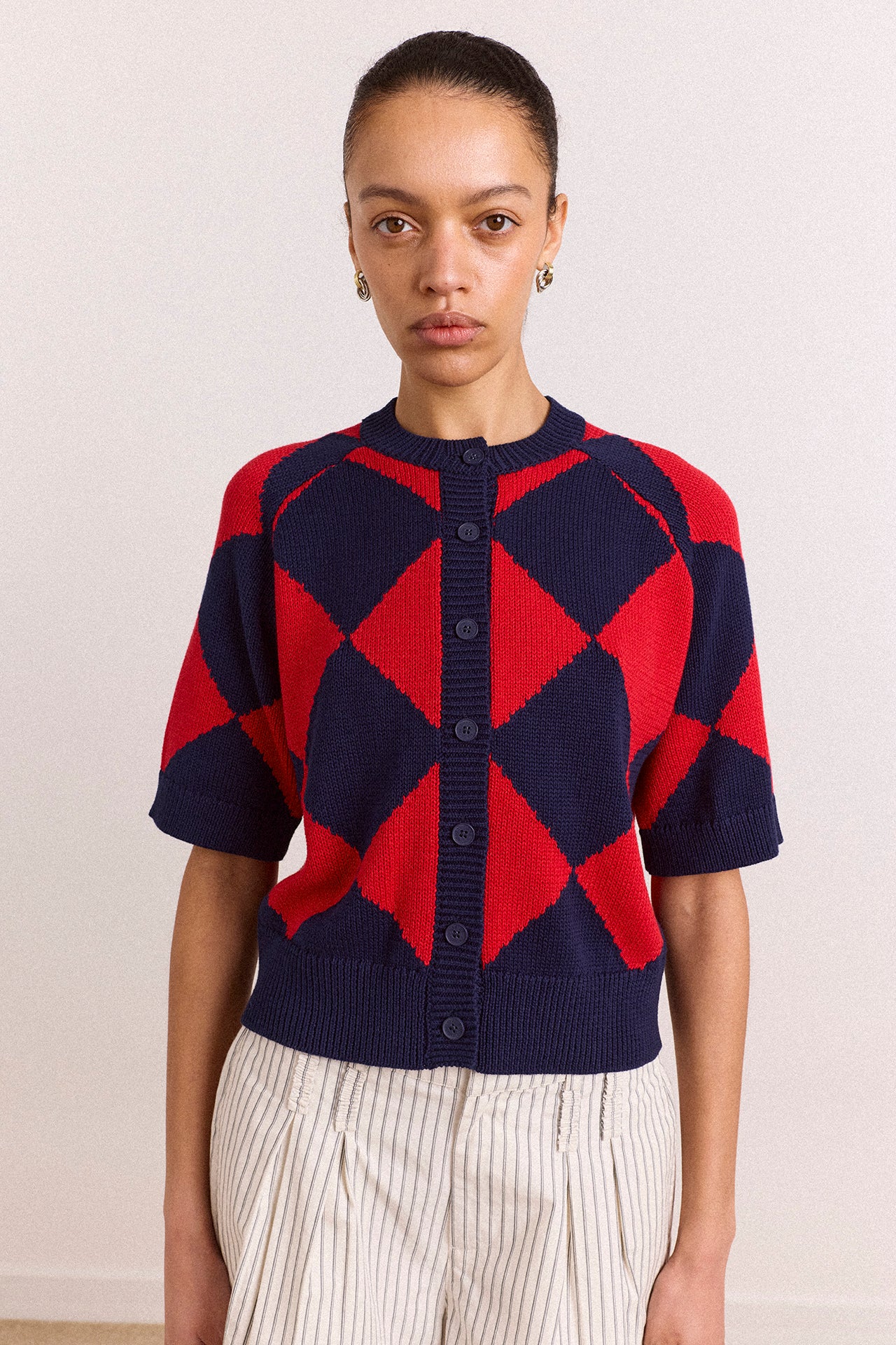 Edie Cotton Harlequin Cardigan - Red/Navy