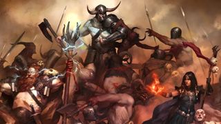 Ein Barbar, ein Druide und eine Zauberin aus Diablo 4 kämpfen in einem klassischen Pastiche gegen eine Horde von Zombies.