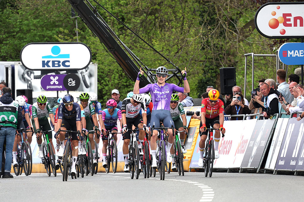 OVERIJSE, BELGIUM - APRIL 17: Anders Foldager of Denmark and Team Jayco AlUla (C) celebrates at finish line as race winner during the 65th De Brabantse Pijl - La Fleche Brabanconne 2026, Men&amp;amp;apos;s Elite a 162.6km one day race from Beersel to Overijse on April 17, 2026 in Overijse, Belgium. (Photo by Rhode Van Elsen/Getty Images)