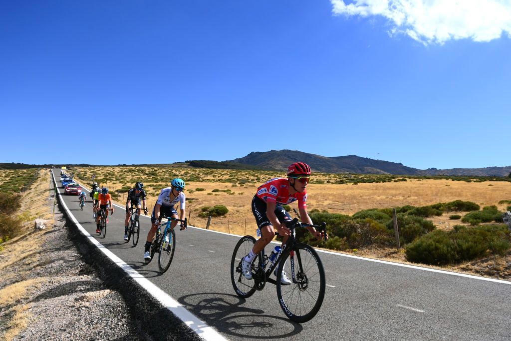NAVACERRADA SPAIN SEPTEMBER 10 Remco Evenepoel of Belgium and Team QuickStep Alpha Vinyl Red Leader Jersey competes during the 77th Tour of Spain 2022 Stage 20 a 181km stage from Moralzarzal to Puerto de Navacerrada 1851m LaVuelta22 WorldTour on September 10 2022 in Puerto de Navacerrada Spain Photo by Tim de WaeleGetty Images