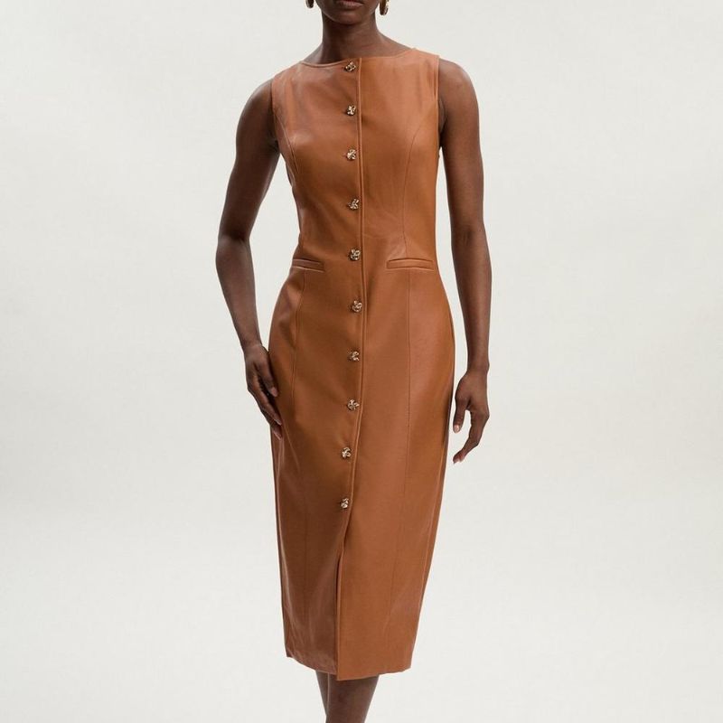 Karen Millen , Faux Leather Button Detail Midi Pencil Dress
