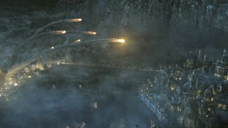 A barrage of fireballs is launched towards the city of Eregion in The Rings of Power season 2