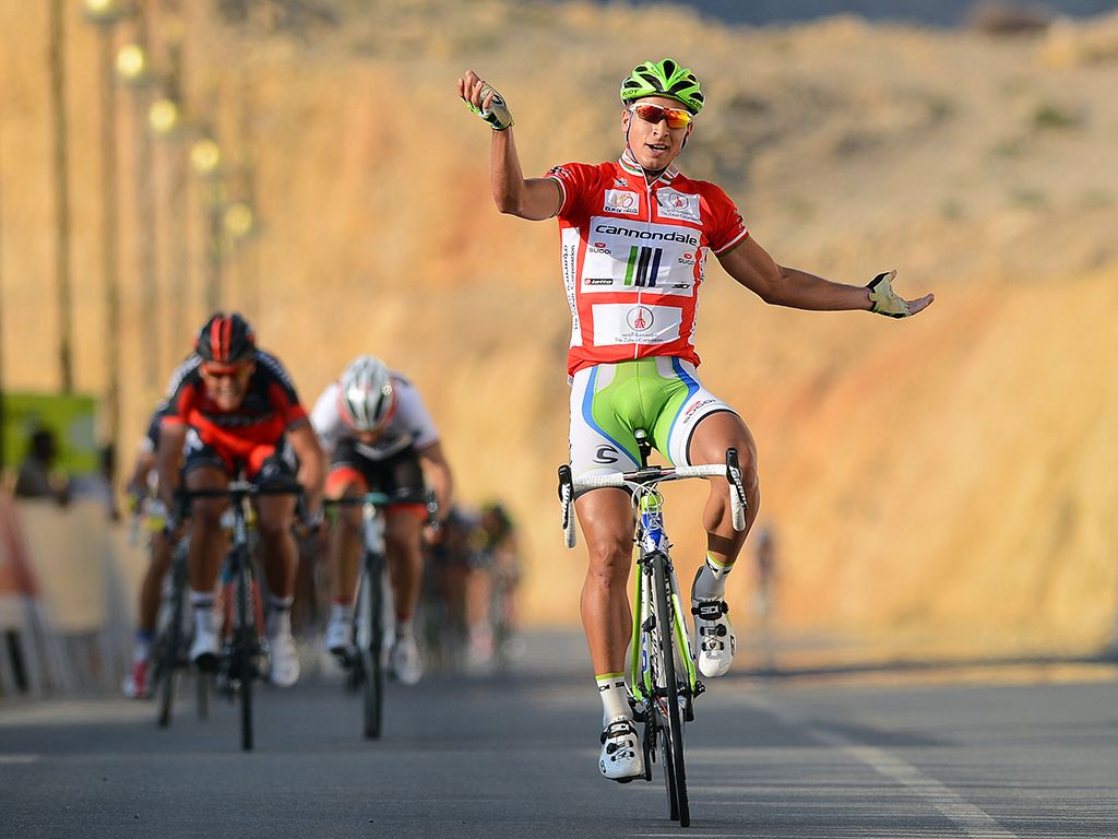 Sagan wins wearing the leader's jersey at the 2013 Tour of Oman