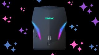 A Zotac VR GO 4.0 VR gaming backpack against a dark background with colorful stars