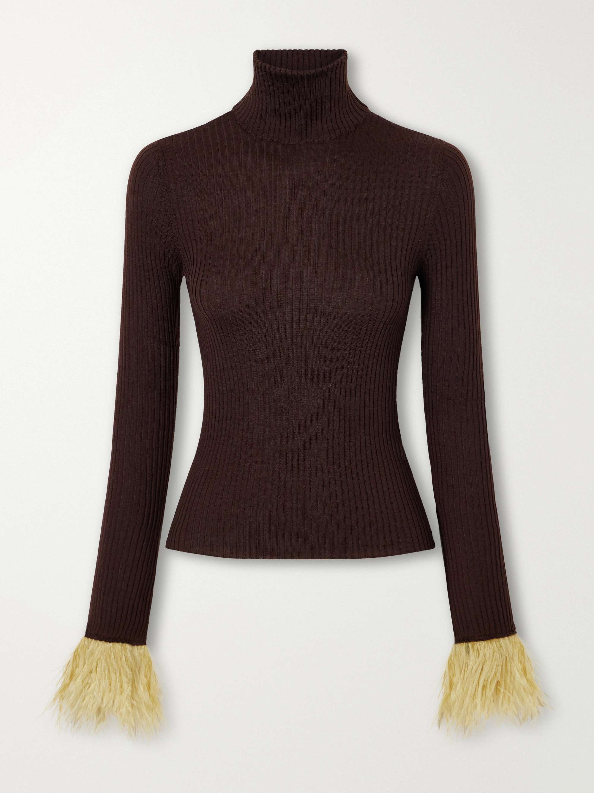 Feathers-Trimmed Ribbed Cashmere and Silk-Blend Turtleneck Sweater