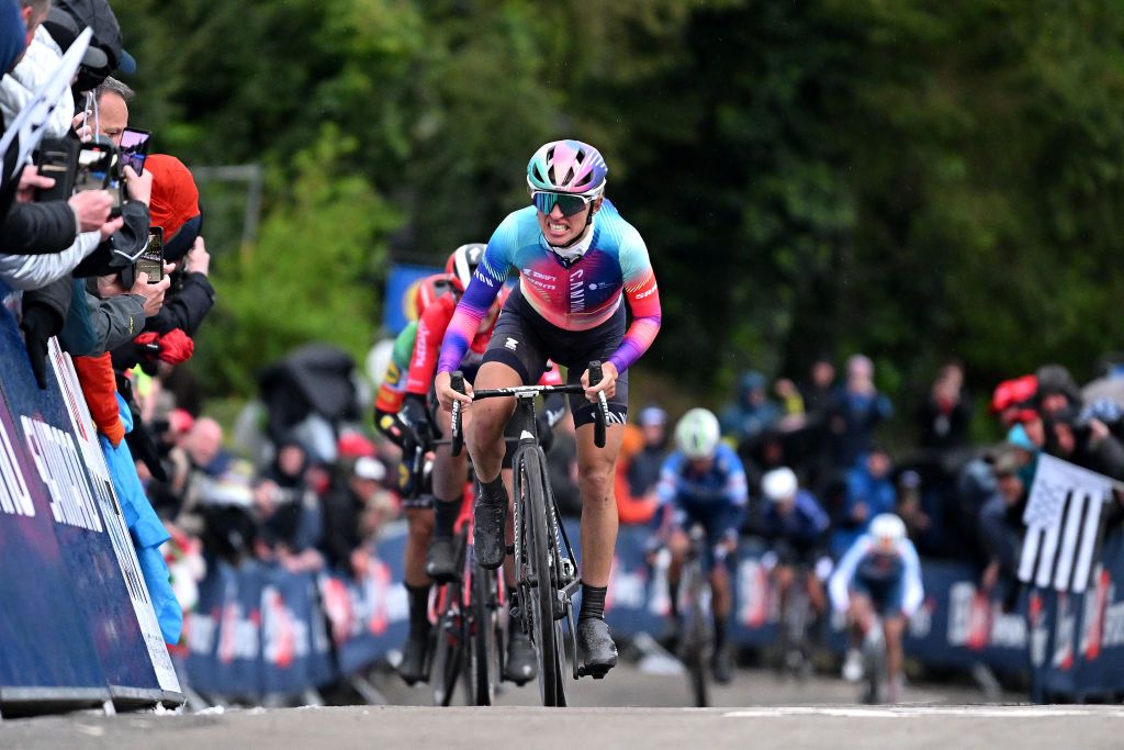 HUY BELGIUM APRIL 17 Race winner Katarzyna Niewiadoma of Poland and Team CanyonSRAM Racing attacks during the 27th La Fleche Wallonne Feminine 2024 a 146km one day race from Huy to Huy UCIWWT on April 17 2024 in Huy Belgium Photo by Dario BelingheriGetty Images
