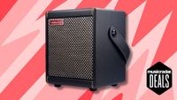A Positive Grid Spark Mini practice amp on a red and pink background