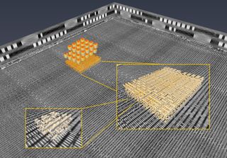 Artistic image showing in grayscale a 3D virtual slices representation of the chip. Image: PSI
