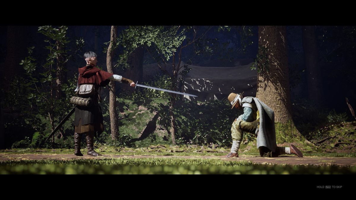 1348 Ex Voto screenshot showing Aeta pointing her sword at a enemy in the woods