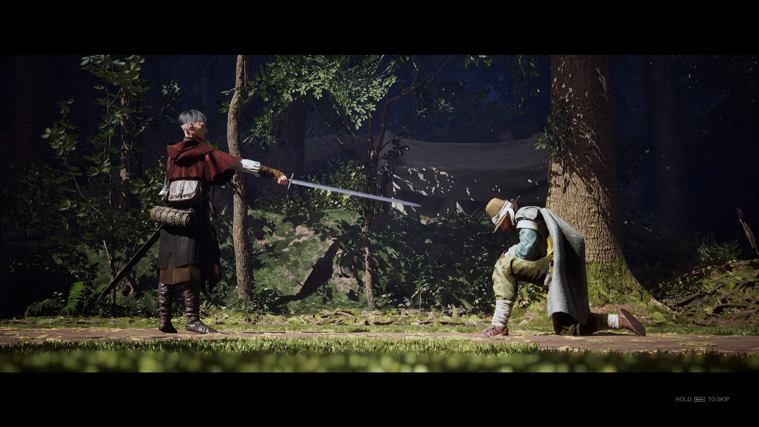 1348 Ex Voto screenshot showing Aeta pointing her sword at a enemy in the woods