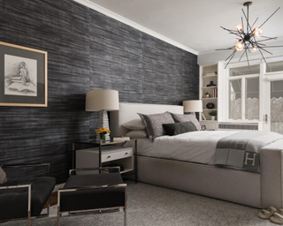 Gray Vanguard Wescott King Bed in gray bedroom with minimal decor