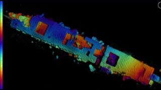 a sonar image of the USS Independence aircraft carrier.