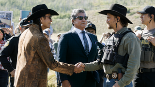 Mo Brings Plenty as Mo, Gil Birmingham as Thomas Rainwater and Luke Grimes as Kayce Dutton in Marshals