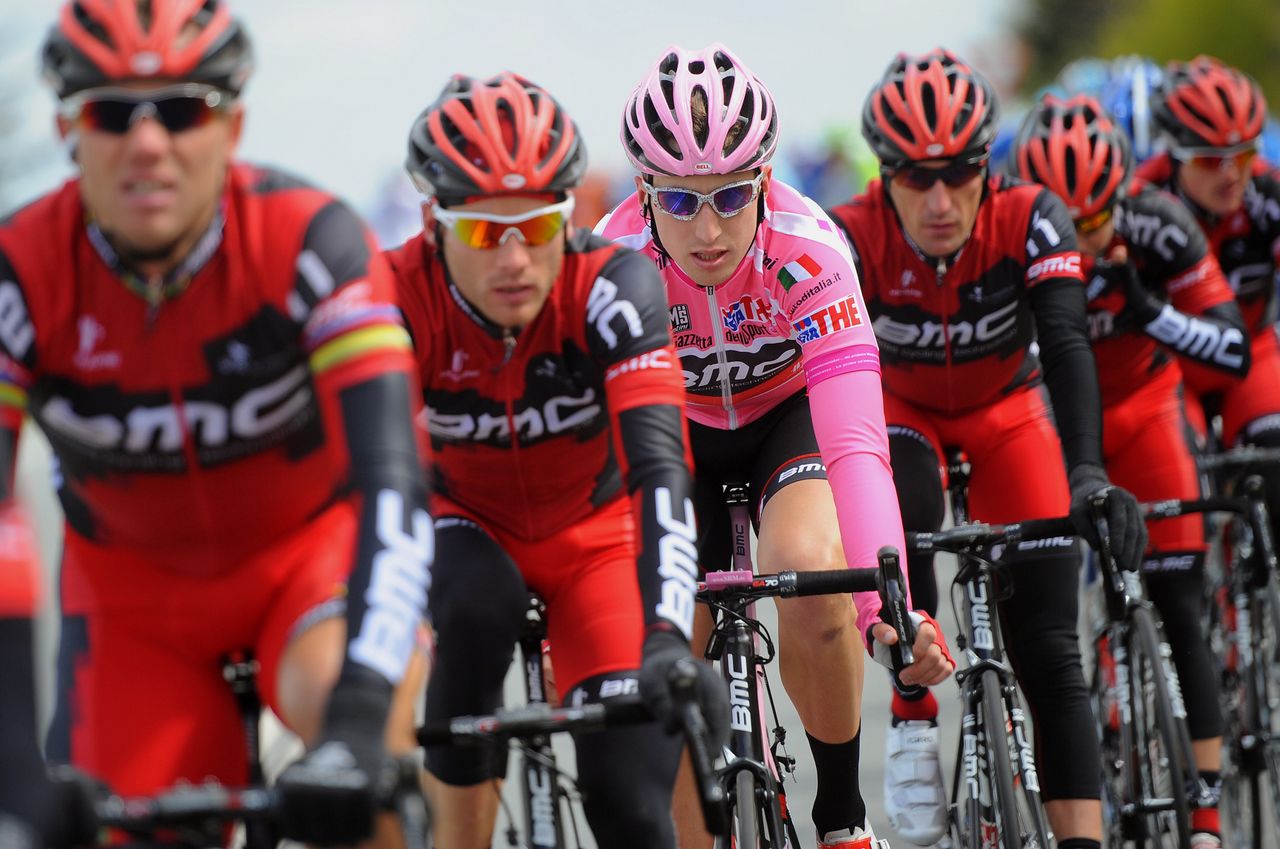 Taylor Phinney wears pink during the 2012 Giro d'Italia