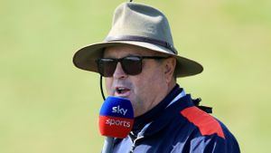 Wayne Riley commentates for Sky Sports Golf at the 2022 Abu Dhabi HSBC Championship