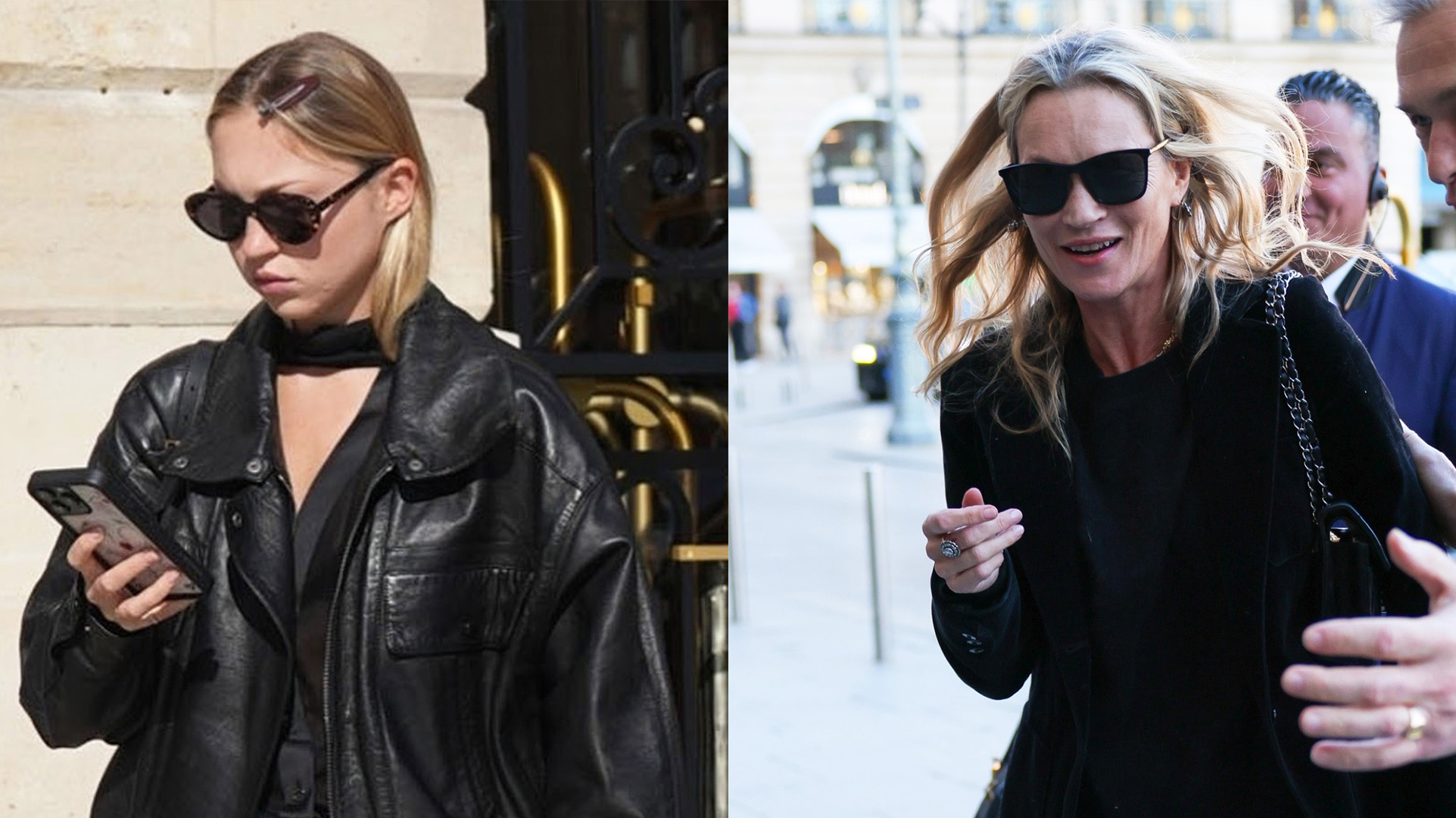Lila Moss and Kate Moss wearing black in Paris