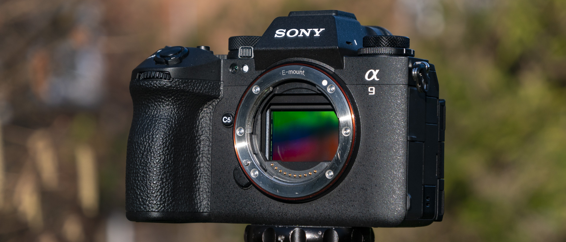 Sony A9 III camera outside in the sun with brick wall backdrop, no lens attached