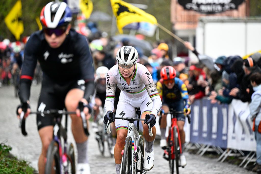 OUDENAARDE BELGIUM MARCH 31 Lotte Kopecky of Belgium and Team SD Worx Protime competes in the breakaway during the 21st Ronde van Vlaanderen Tour des Flandres 2024 Womens Elite a 163km one day race from Oudenaarde to Oudenaarde UCIWWT on March 31 2024 in Oudenaarde Belgium Photo by Jasper Jacobs PoolGetty Images