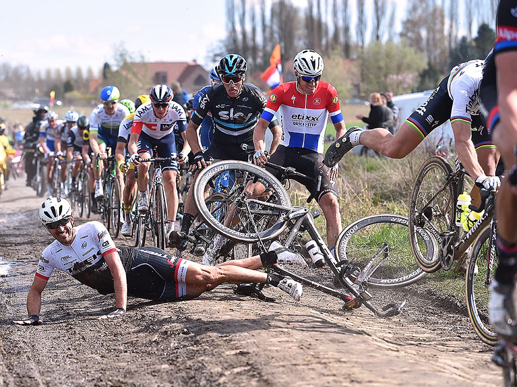 Sagan somehow stayed on his bike following Cancellara's crash at Paris-Roubaix